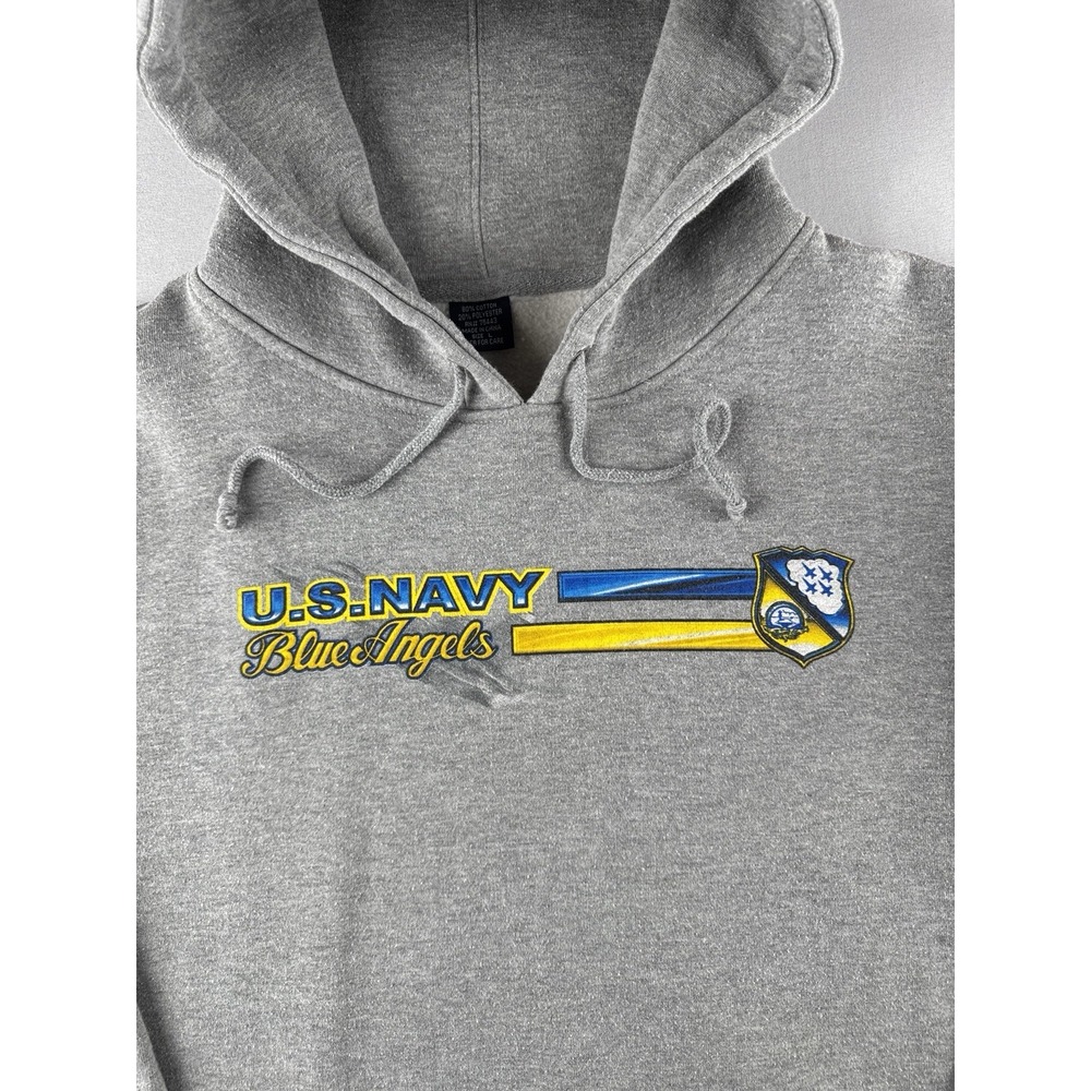U.S. Navy Fighter Jet Blue Angels Hoodie Sweatshirt Gray Spell Out Jet Graphic L
